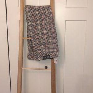 Plaid bengaline pull on skinny ankle pant.